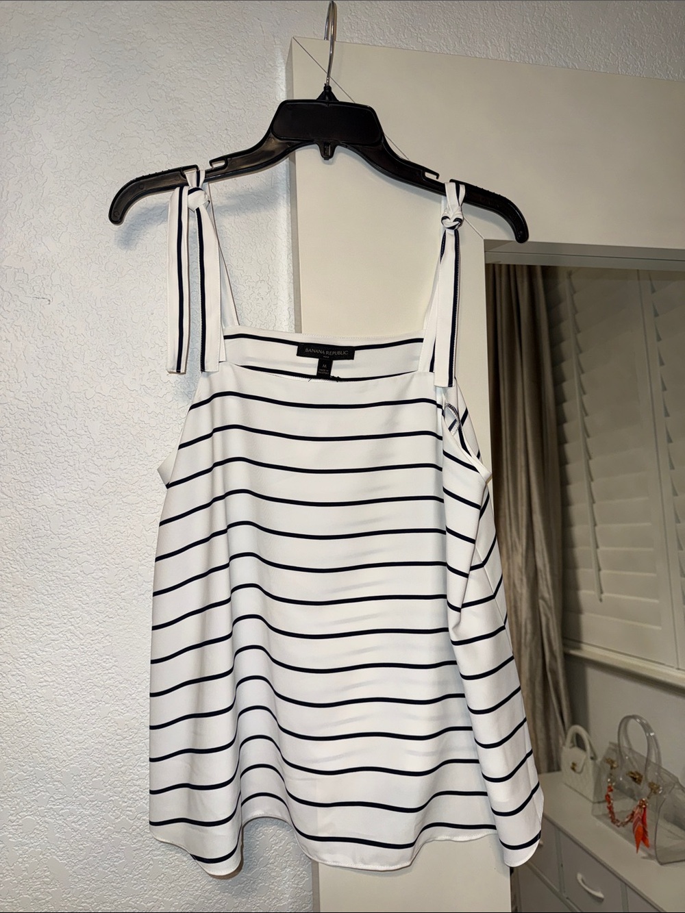 Banana Republic White and Navy Striped Tie-Shoulder Camisole
